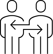 ícone com desenho de linha, duas pessoas de pé e duas setas no meio uma apontada para o lado esquerdo outra para o direito, conectando essas pessoas.